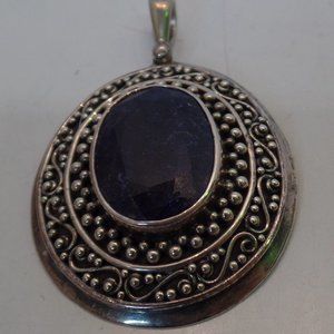 Samuel B Stamped 9.25 Sterling BJC Caviar Detailing Bold Pendant Blue Stone